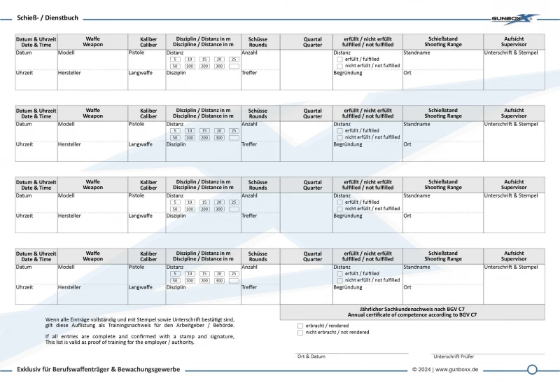 Schießnachweis / Schießbuch Bewachungsgewerbe / Berufswaffenträger